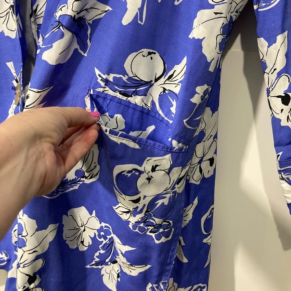 Tramway Paris Floral Tunic top long sleeve asymmetrical hem open back blue white - Picture 6 of 11